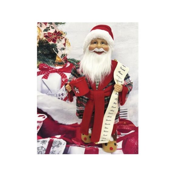 Plaid Pajama Santa 18" Figurine w/ Mug & Nice List Cozy Holiday Decor - Picture 2 of 11